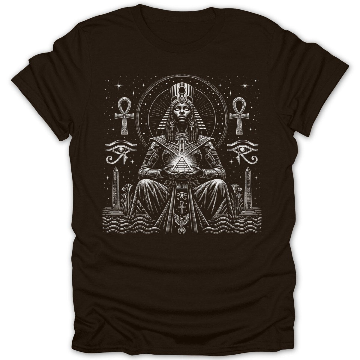 Egyptian queen holding pyramid, surrounded by hieroglyphs and obelisks.