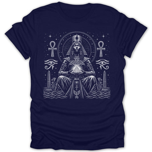 Pharaoh seated holding pyramid, with hieroglyphs and Egyptian symbols.