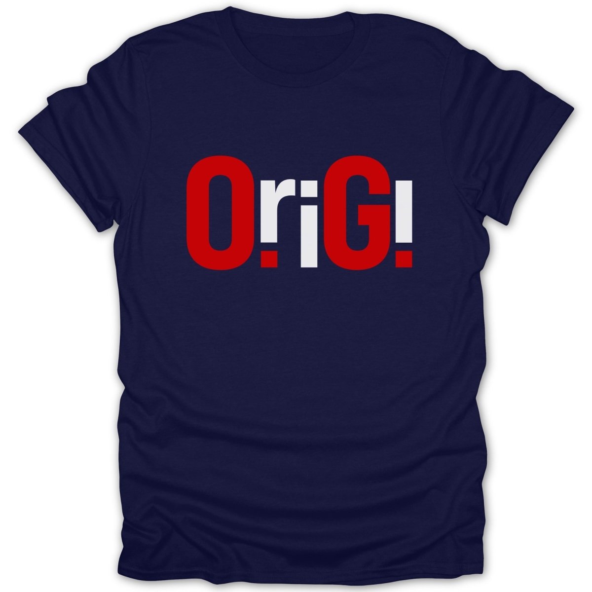 Navy t-shirt with red and white "OriG!" text.