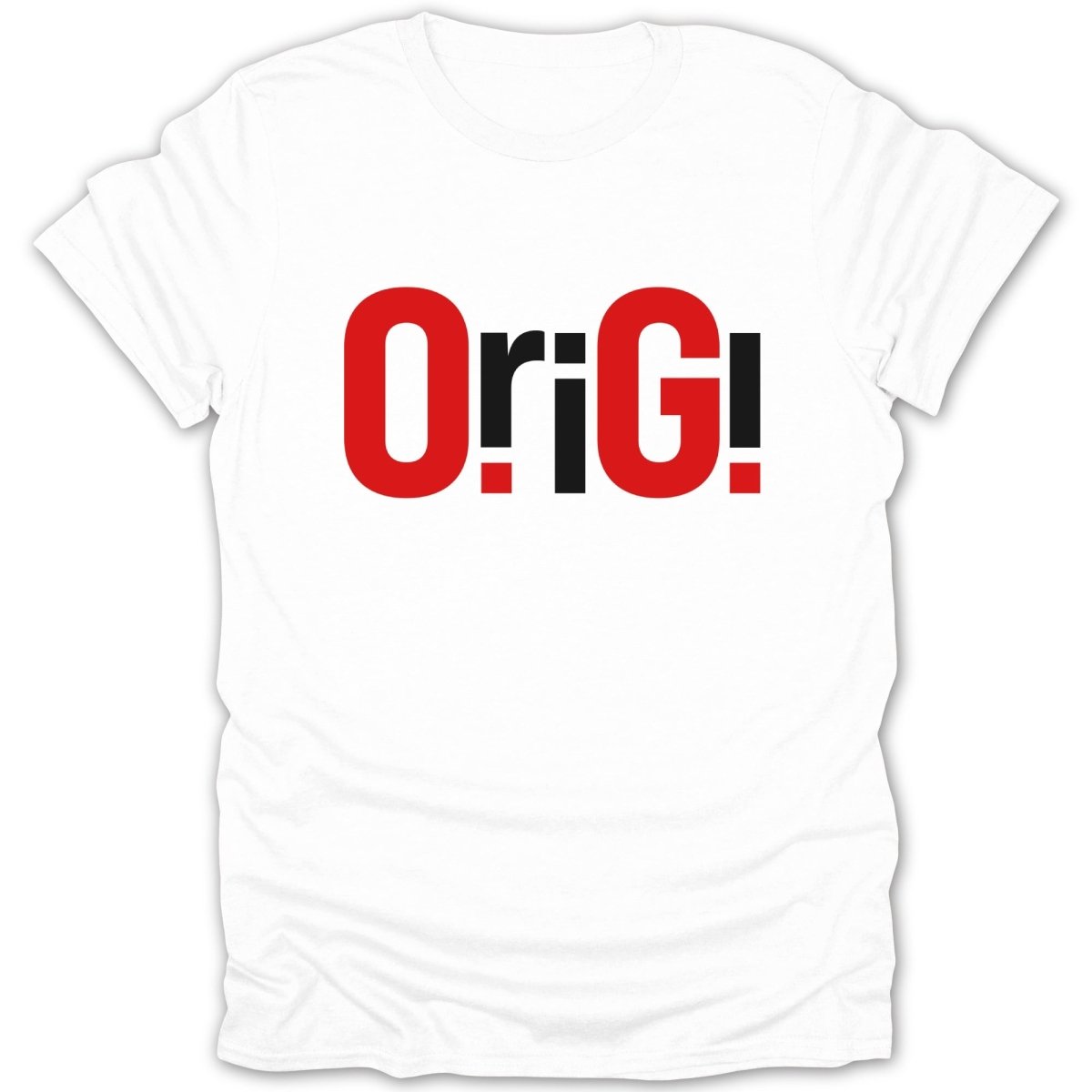 White t-shirt with large red and black "OriGi!" text graphic.