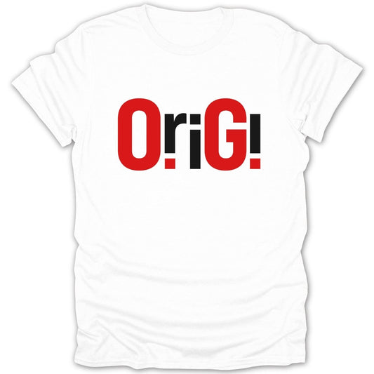 White t-shirt with large red and black "OriGi!" text graphic.