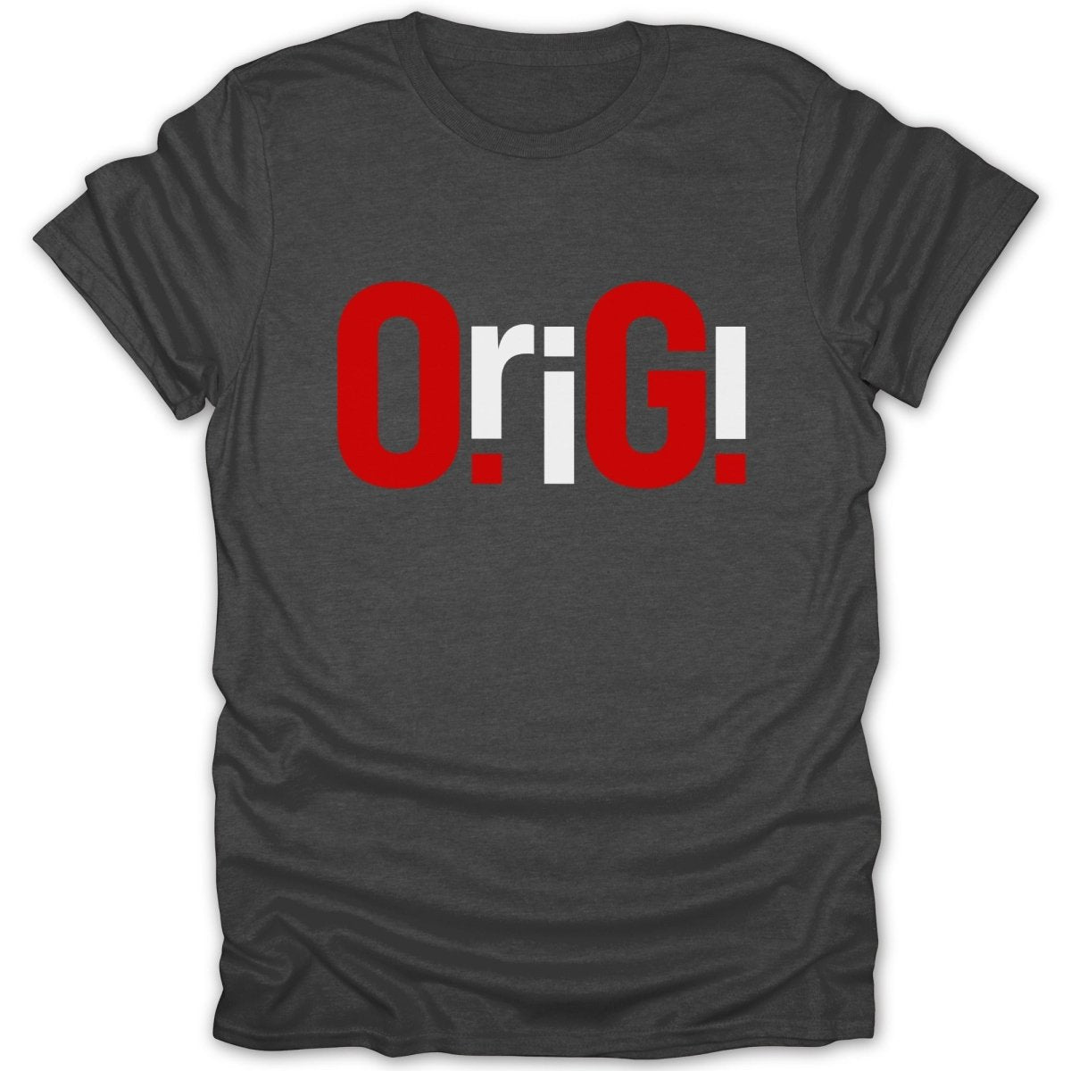 Dark t-shirt with red and white "Orig!" text logo.