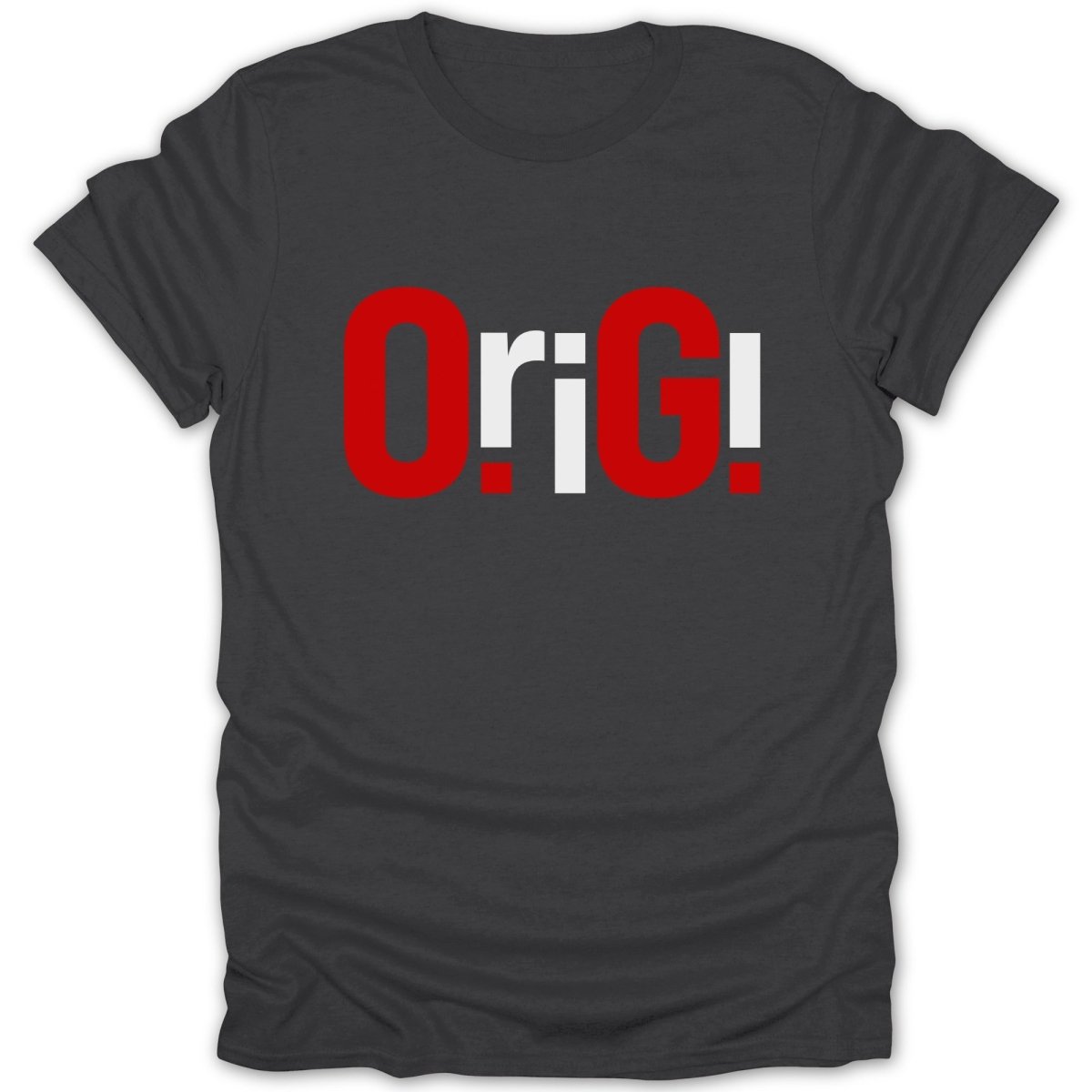 Dark grey t-shirt with red and white "ORIGI!" text on the chest.