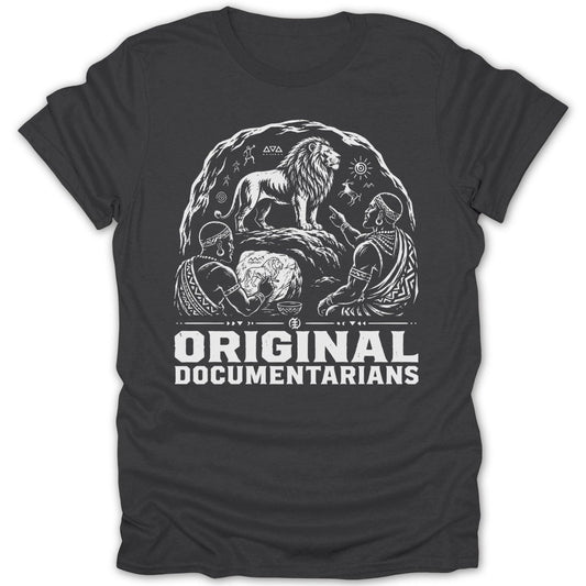 Two people sketch a lion on stone, text "ORIGINAL DOCUMENTARIANS".