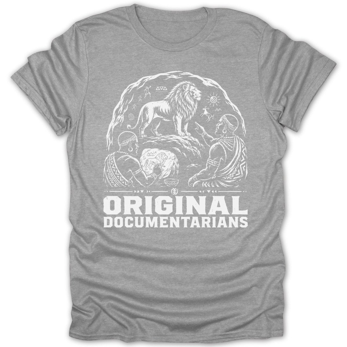Two men observe a lion and cave paintings in a stylized graphic on a t-shirt.