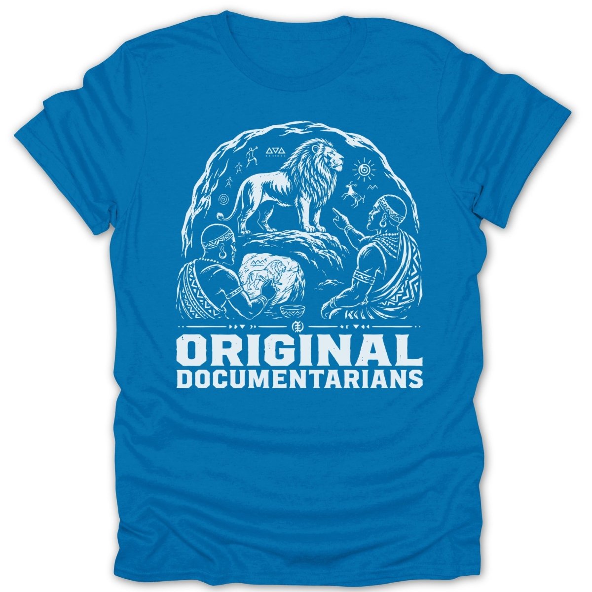 Lion cave painting artwork on a blue t-shirt with text "ORIGINAL DOCUMENTARIANS".