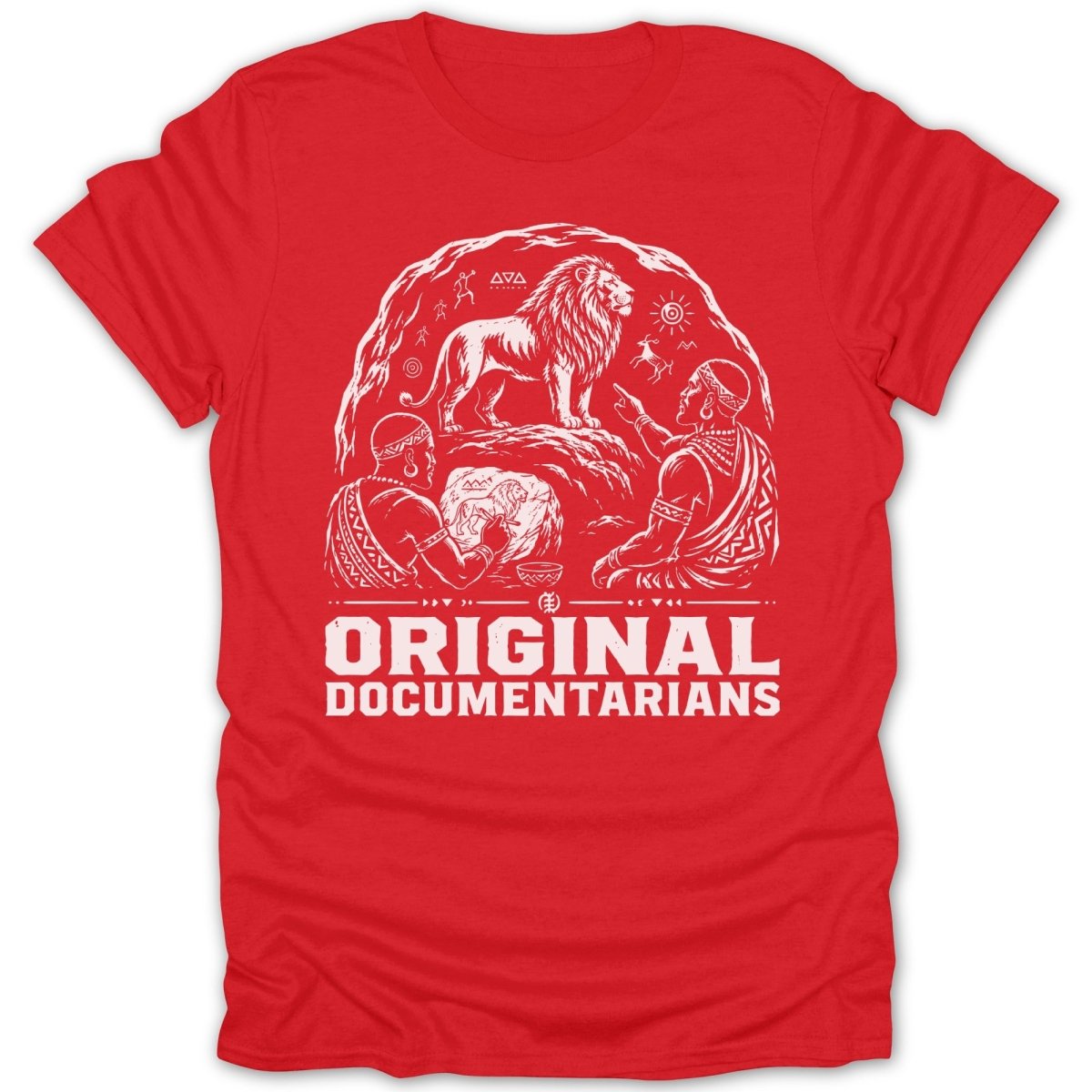 Red t-shirt with white graphic of lions, tribal figures, and text "ORIGINAL DOCUMENTARIANS".