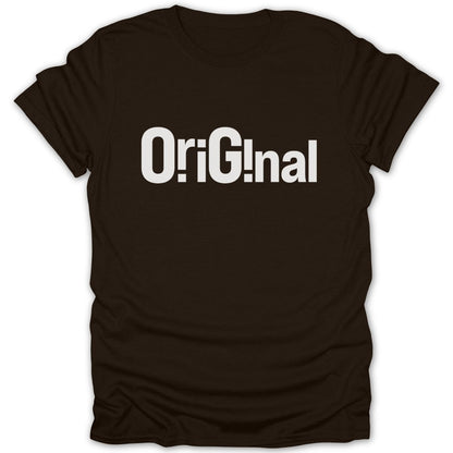 Brown t-shirt with white text that spells "Original"
