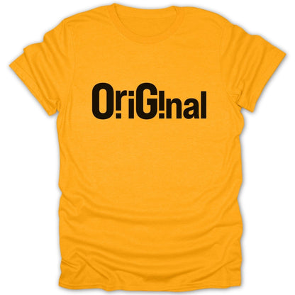 Orange t-shirt with the word "OriGinal" printed in black.