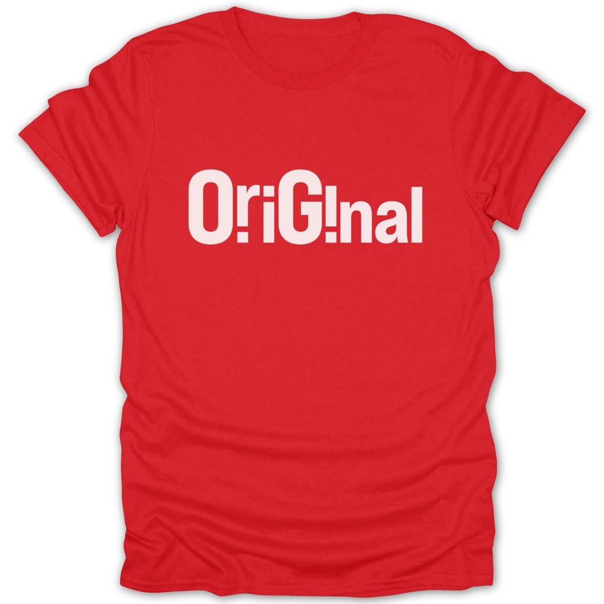 Red t-shirt with white text spelling "Ori:G!nal" across the chest.