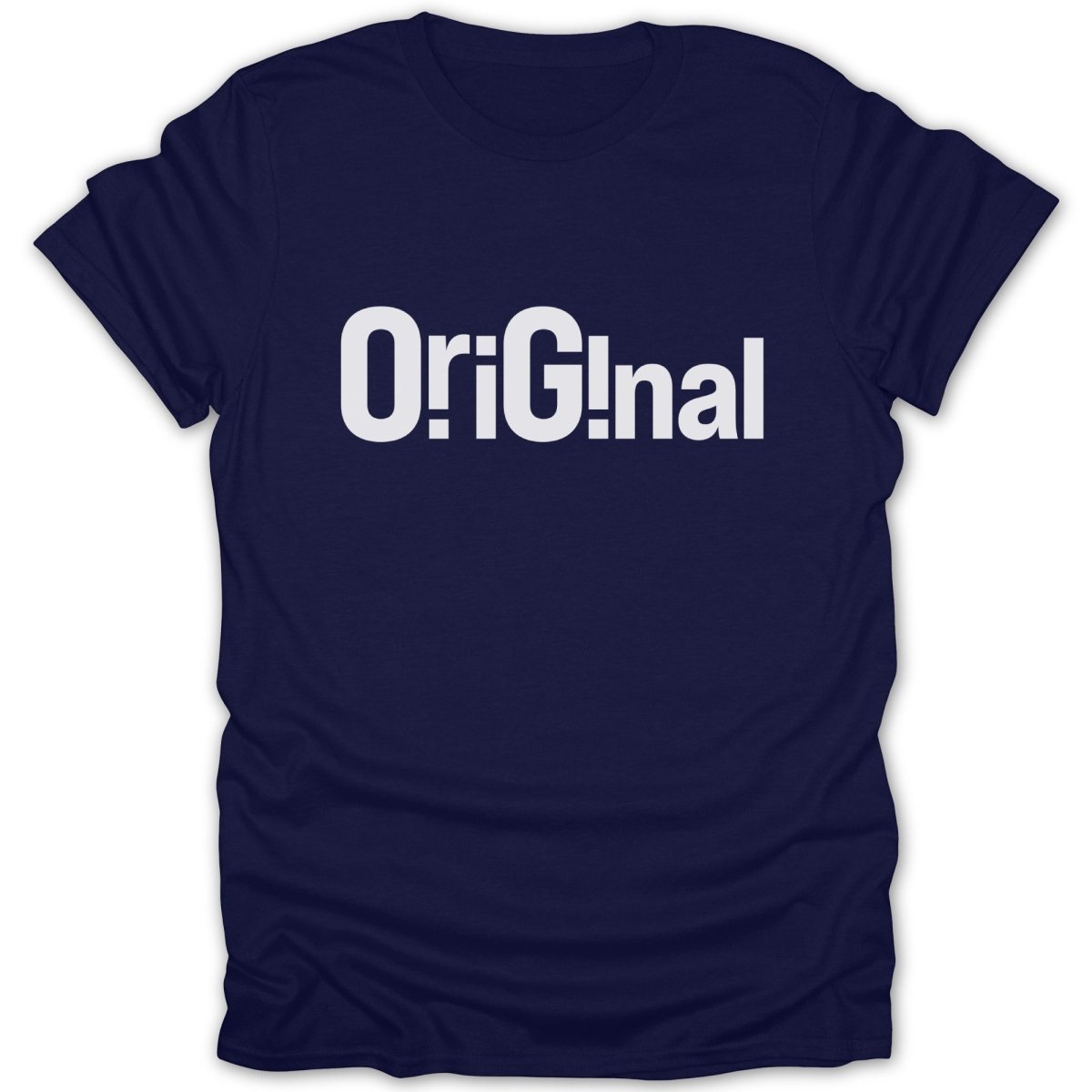 Navy t-shirt with white text spelling "Original"
