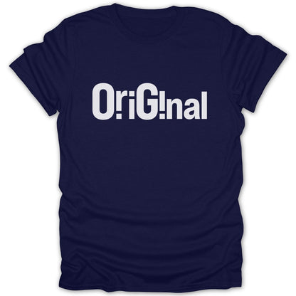 Navy t-shirt with white text spelling "Original"