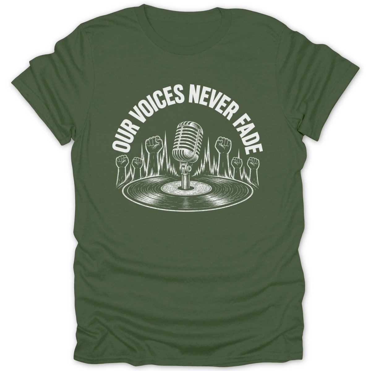 Green t-shirt with white graphic: vintage microphone, vinyl record, raised fists, and text.