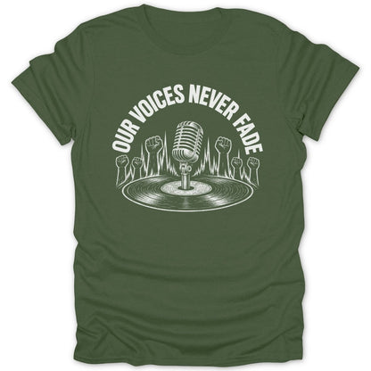 Green t-shirt with white graphic: vintage microphone, vinyl record, raised fists, and text.