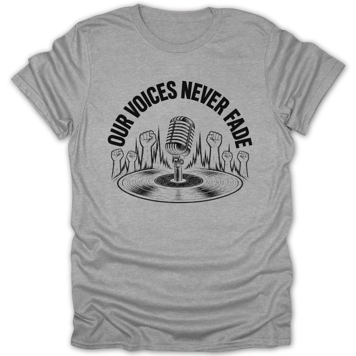 Gray t-shirt with a black graphic of a microphone, record, and raised fists with text.