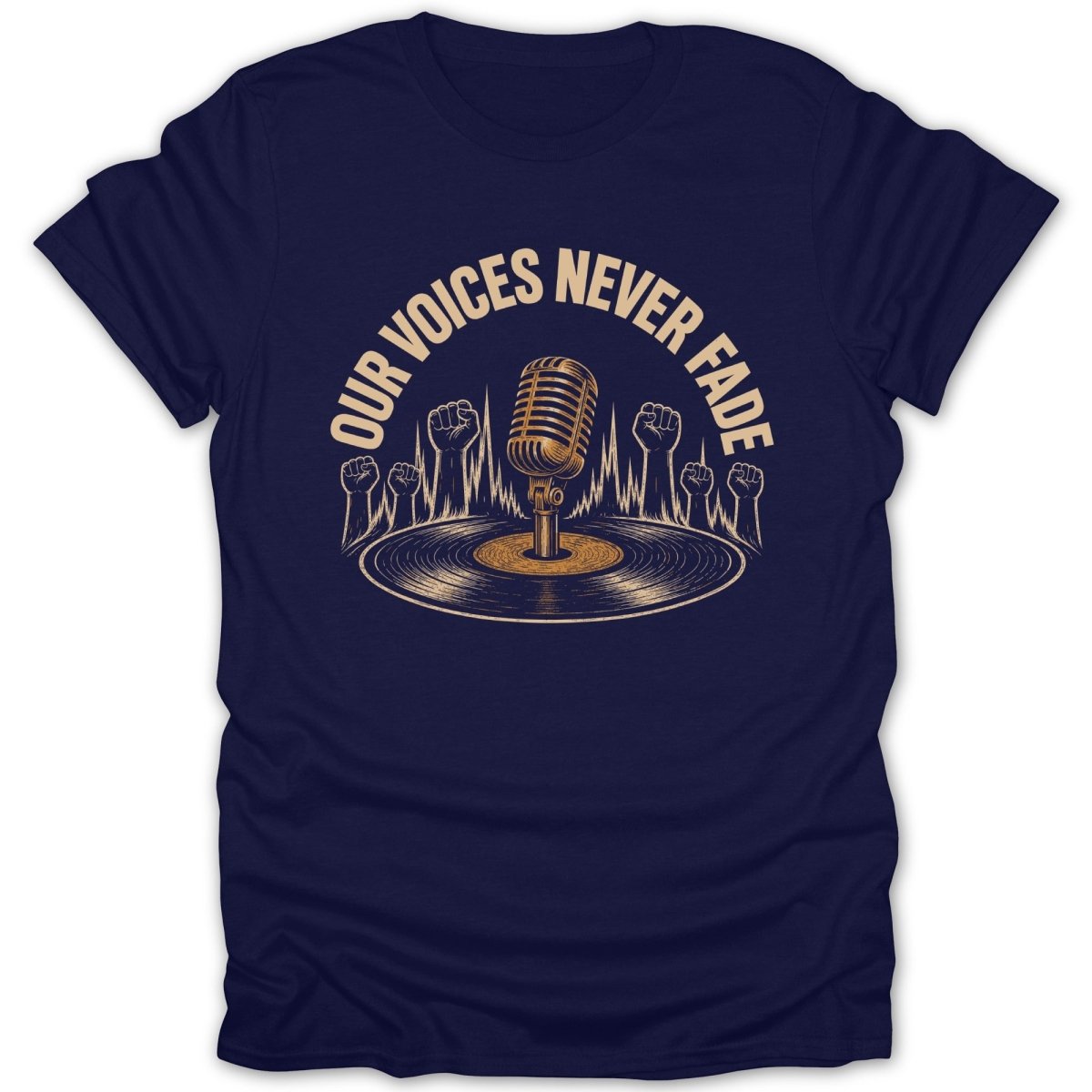 Navy t-shirt with a vintage microphone, turntable, and raised fists graphic and text.