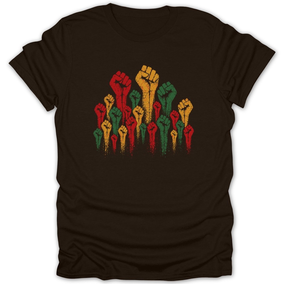 Brown t-shirt with raised fists in red, green, and yellow colors.