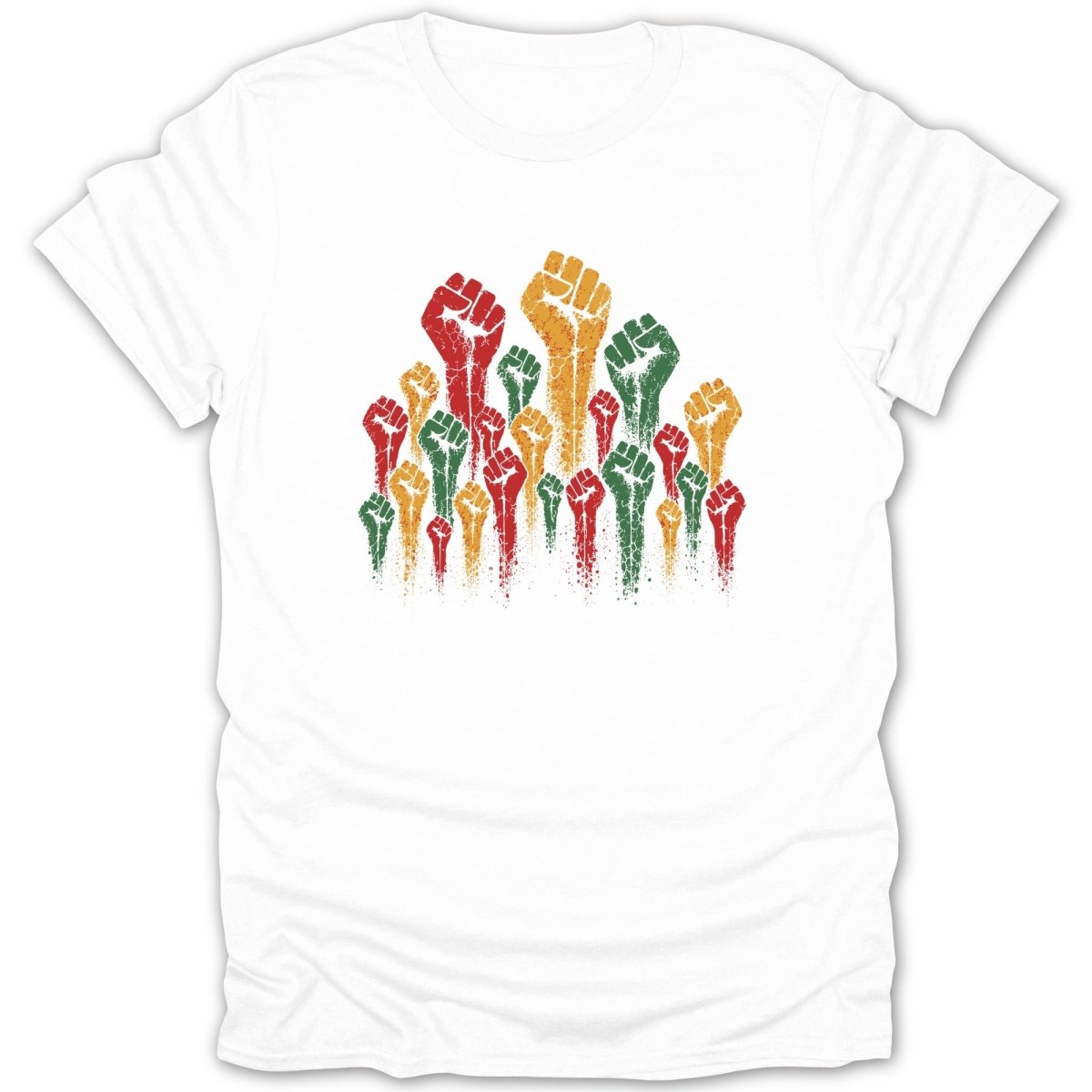 White t-shirt with a distressed print of raised red, gold, and green fists.