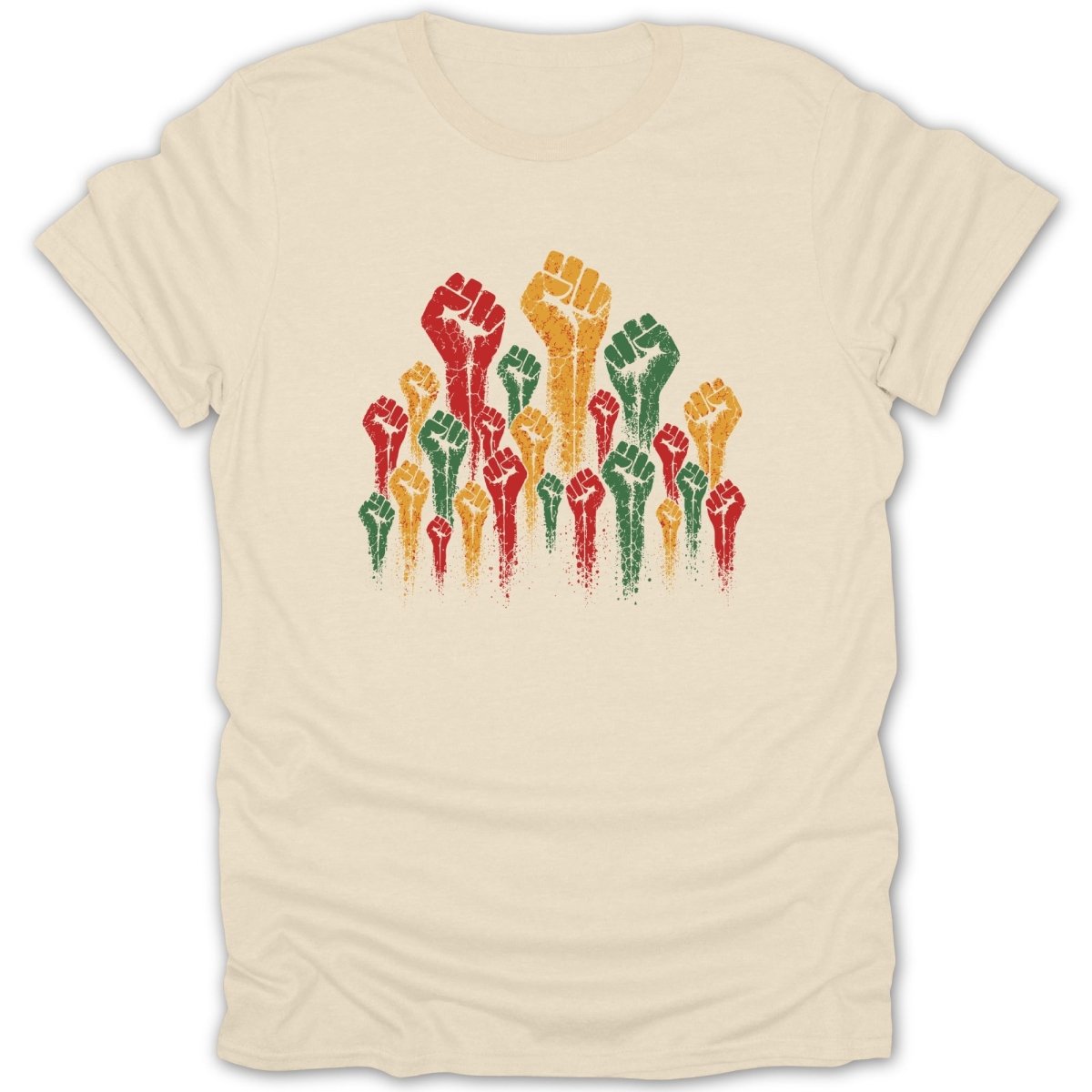 Clustered raised fists in red, gold, and green, with distressed texture.