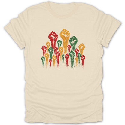 Clustered raised fists in red, gold, and green, with distressed texture.