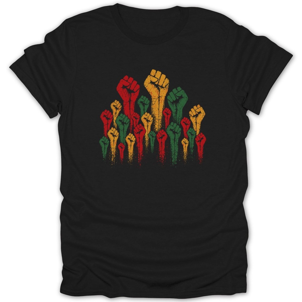 Black t-shirt with distressed red, green, and yellow raised fists graphic.