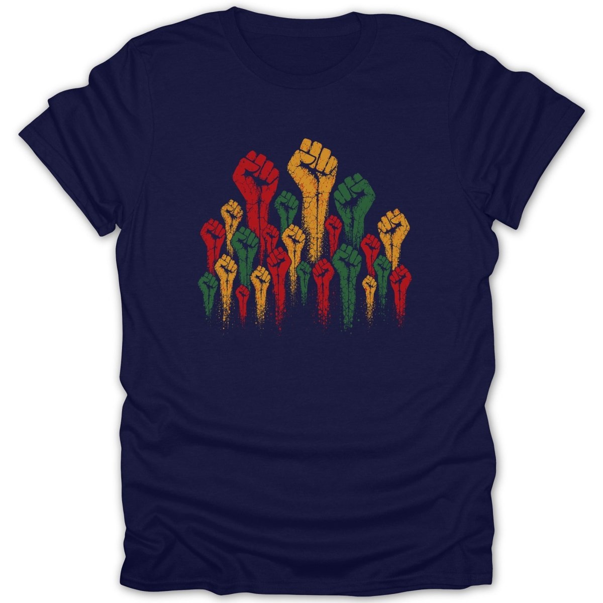 Multiple raised fists in red, yellow, and green paint splatter design on navy t-shirt.