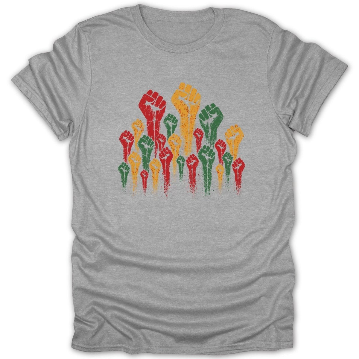 Graffiti-style fists in red, gold, and green on a grey t-shirt.
