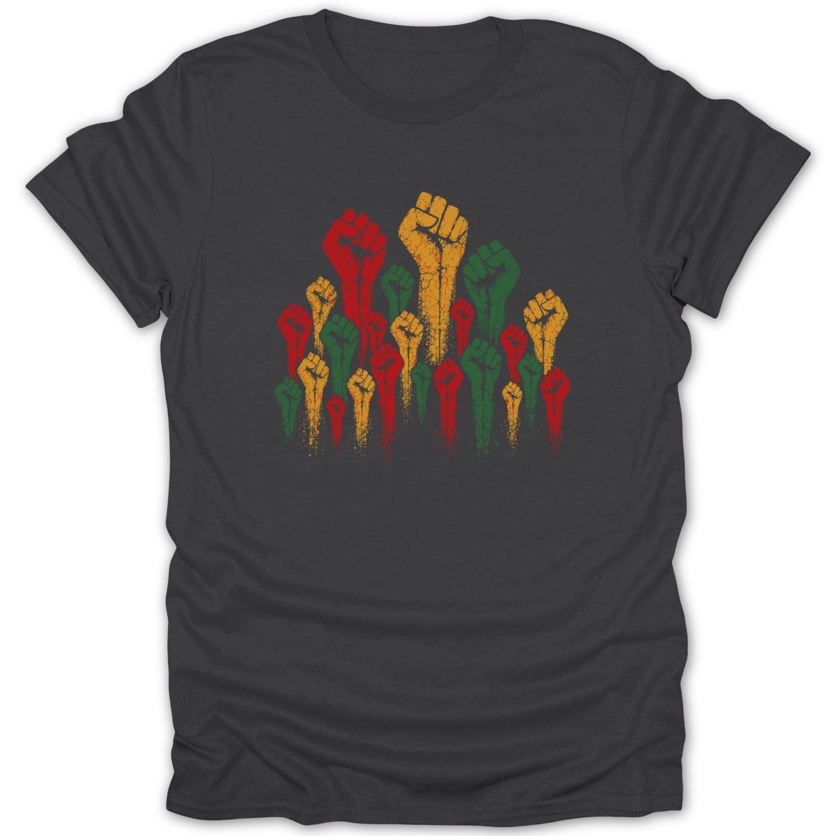 Dark grey t-shirt with multicolored raised fist graphic.