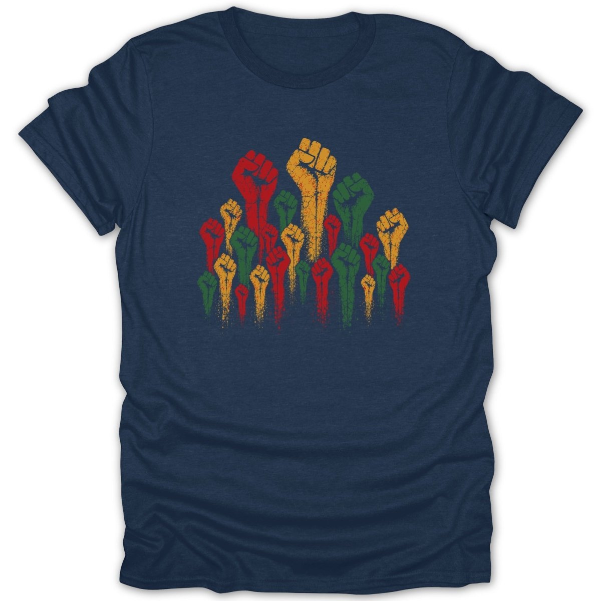 Raised fists in red, yellow, green, and black on a navy t-shirt.