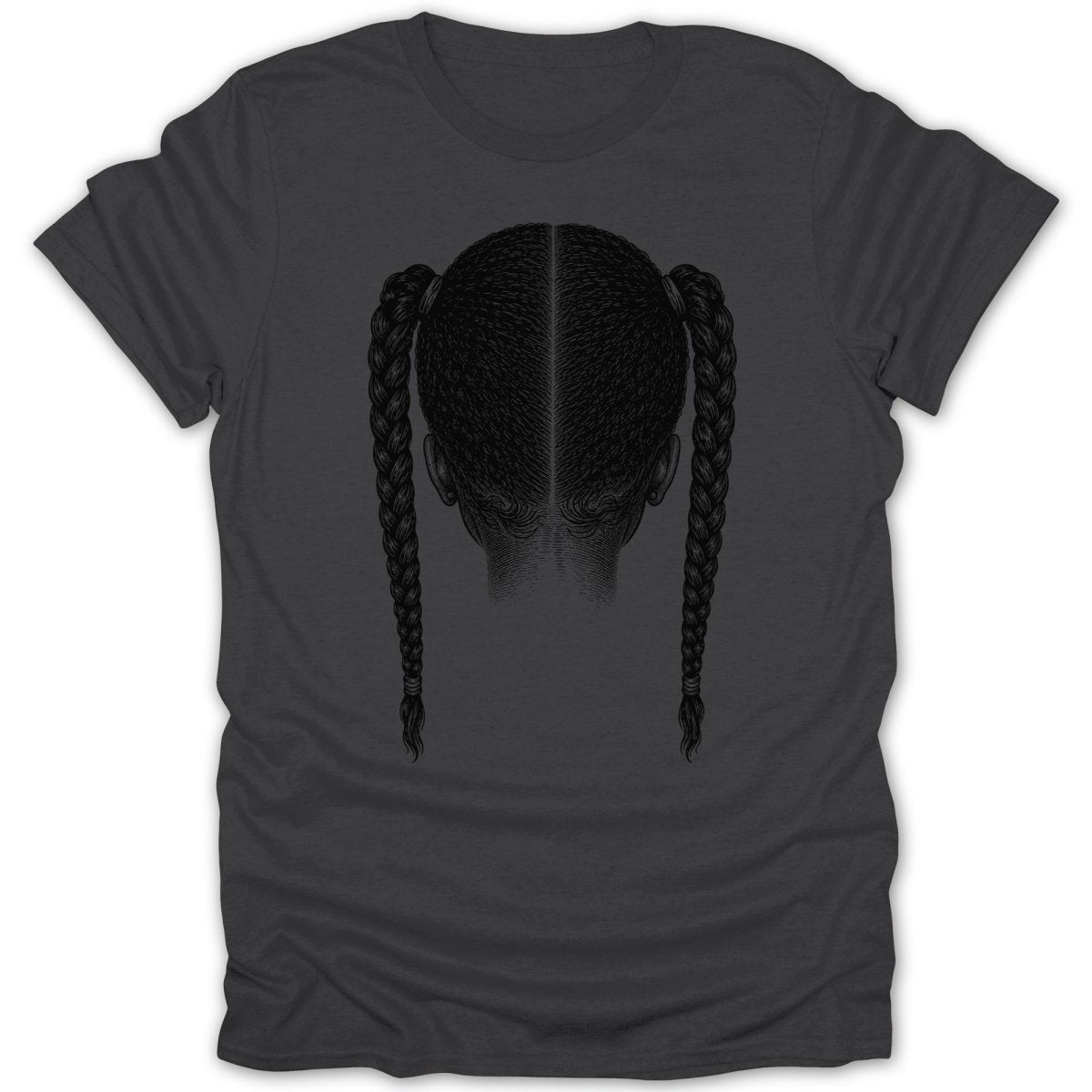 Dark grey t-shirt with a black and white illustration of a person's head from behind with two braids.