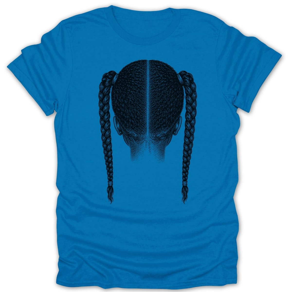Blue t-shirt with black illustration of the back of a head with two braids.