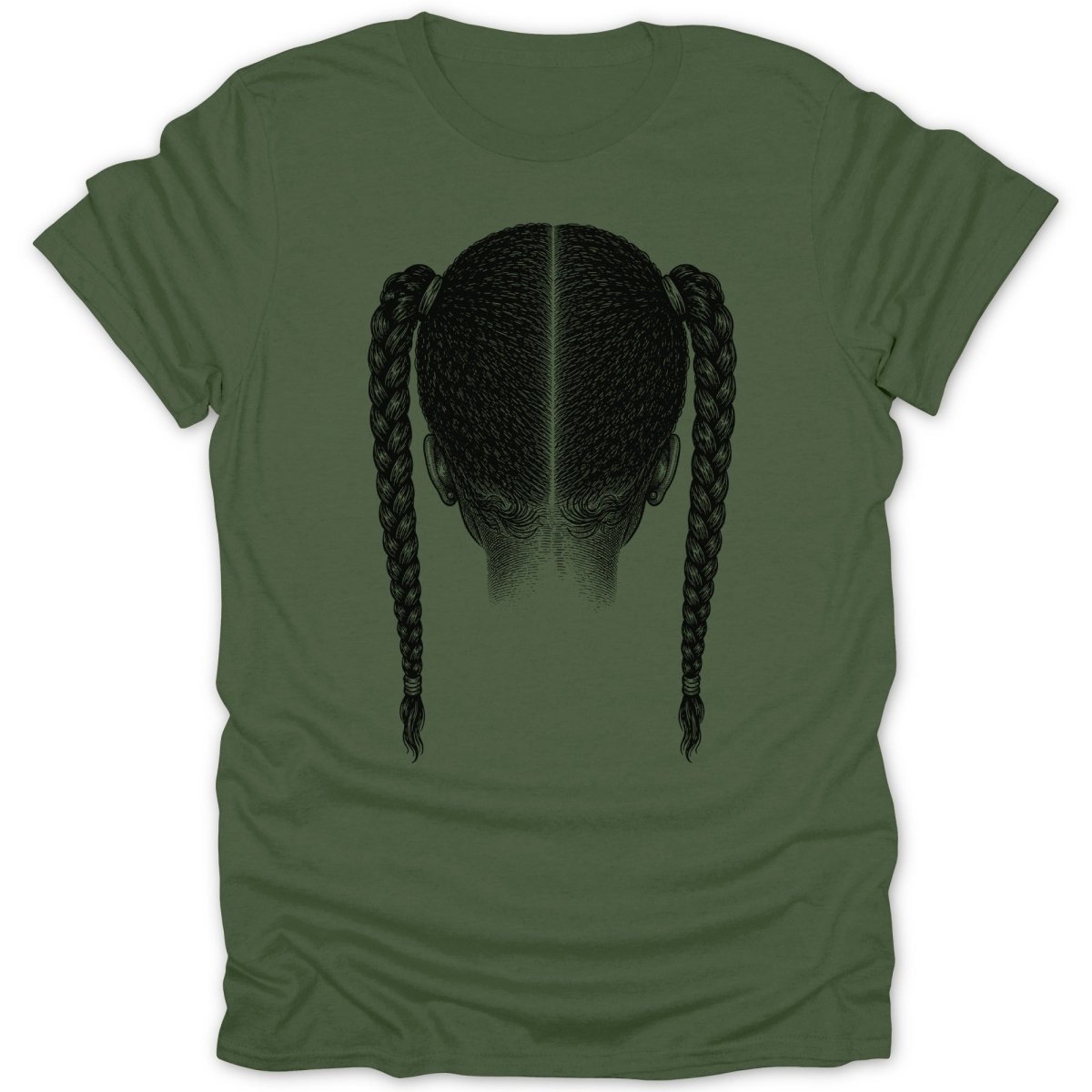 T-shirt with a black illustration of a person's head from behind with two braids.