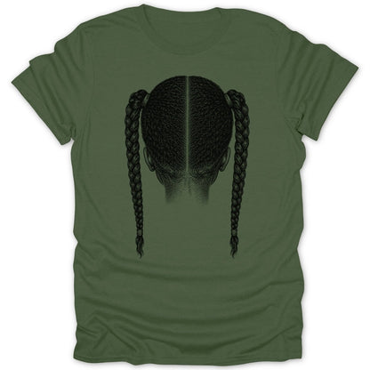 T-shirt with a black illustration of a person's head from behind with two braids.