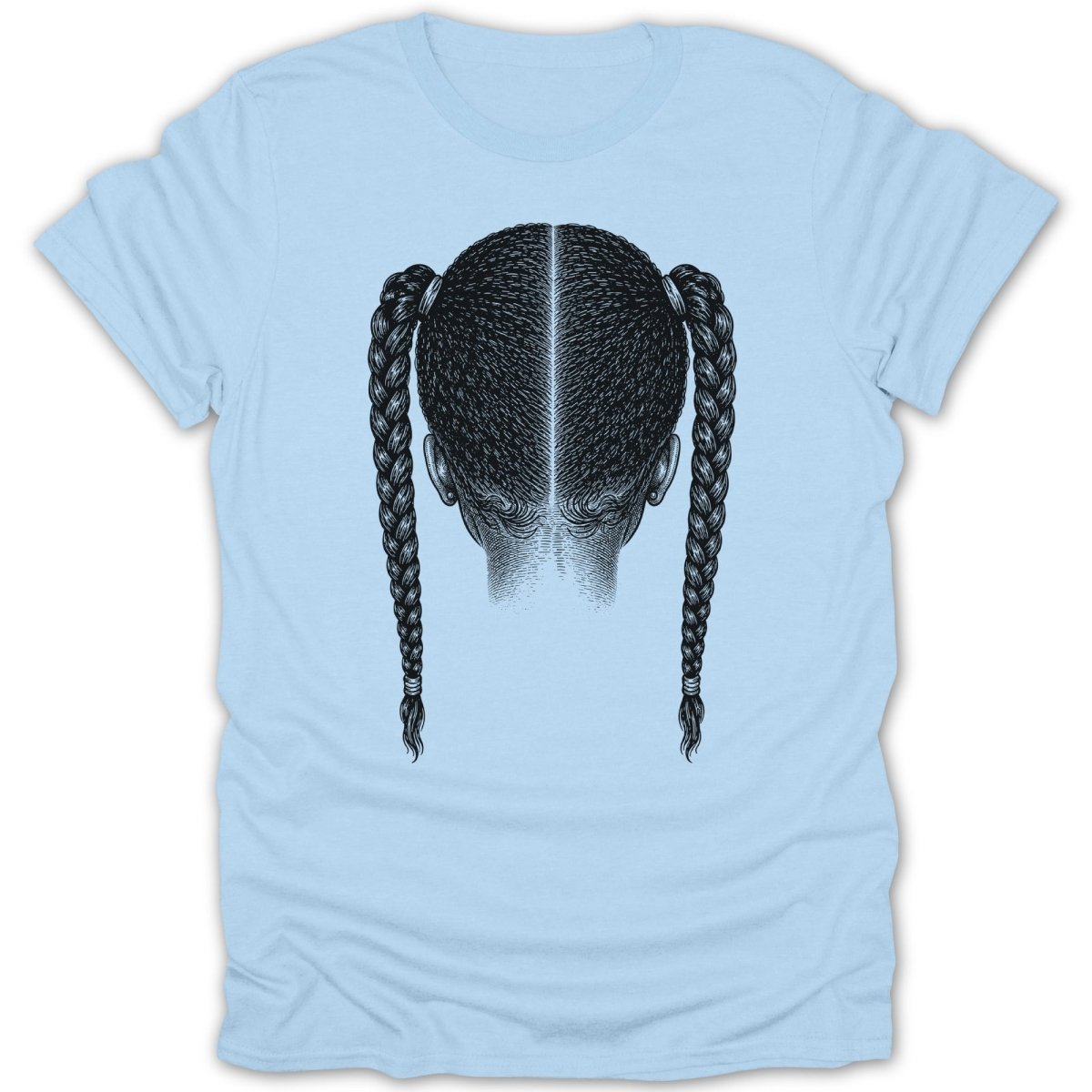 Line drawing of hair styled in two braids on a light blue t-shirt.
