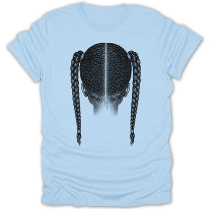 Line drawing of hair styled in two braids on a light blue t-shirt.