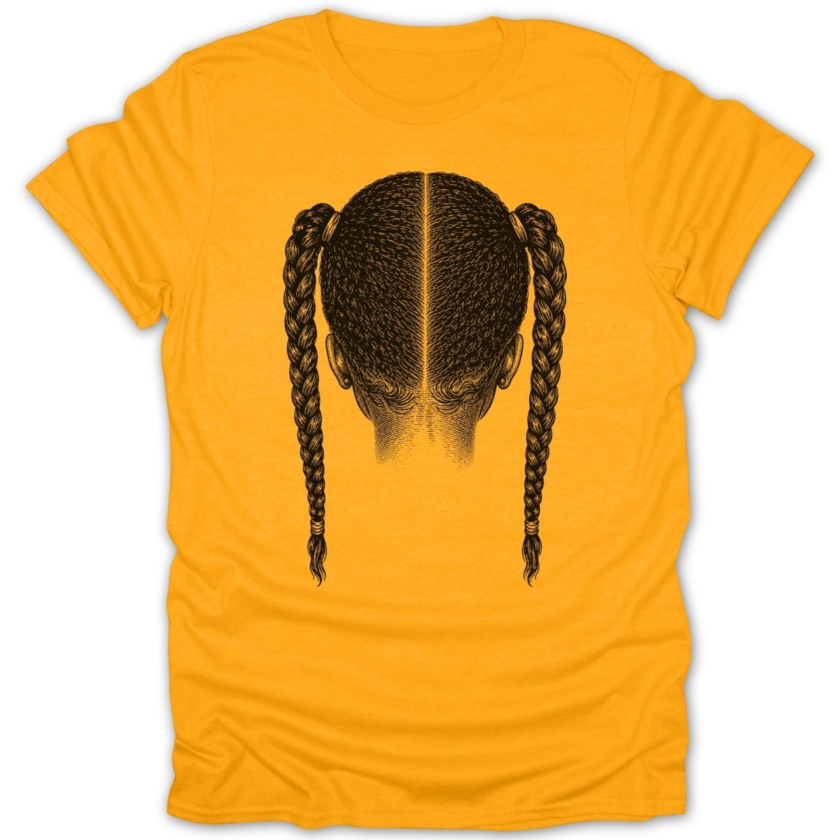 Yellow t-shirt with a black illustration of the back of a head and braided pigtails.
