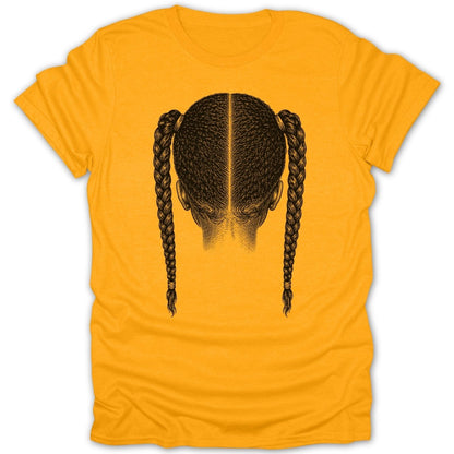 Yellow t-shirt with a black illustration of the back of a head and braided pigtails.