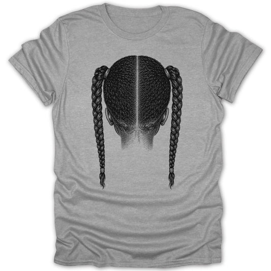 T-shirt with a black ink illustration of a person's head from behind with braided pigtails.