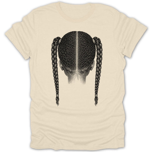 Back of t-shirt with illustration of braided pigtails and intricately detailed scalp.