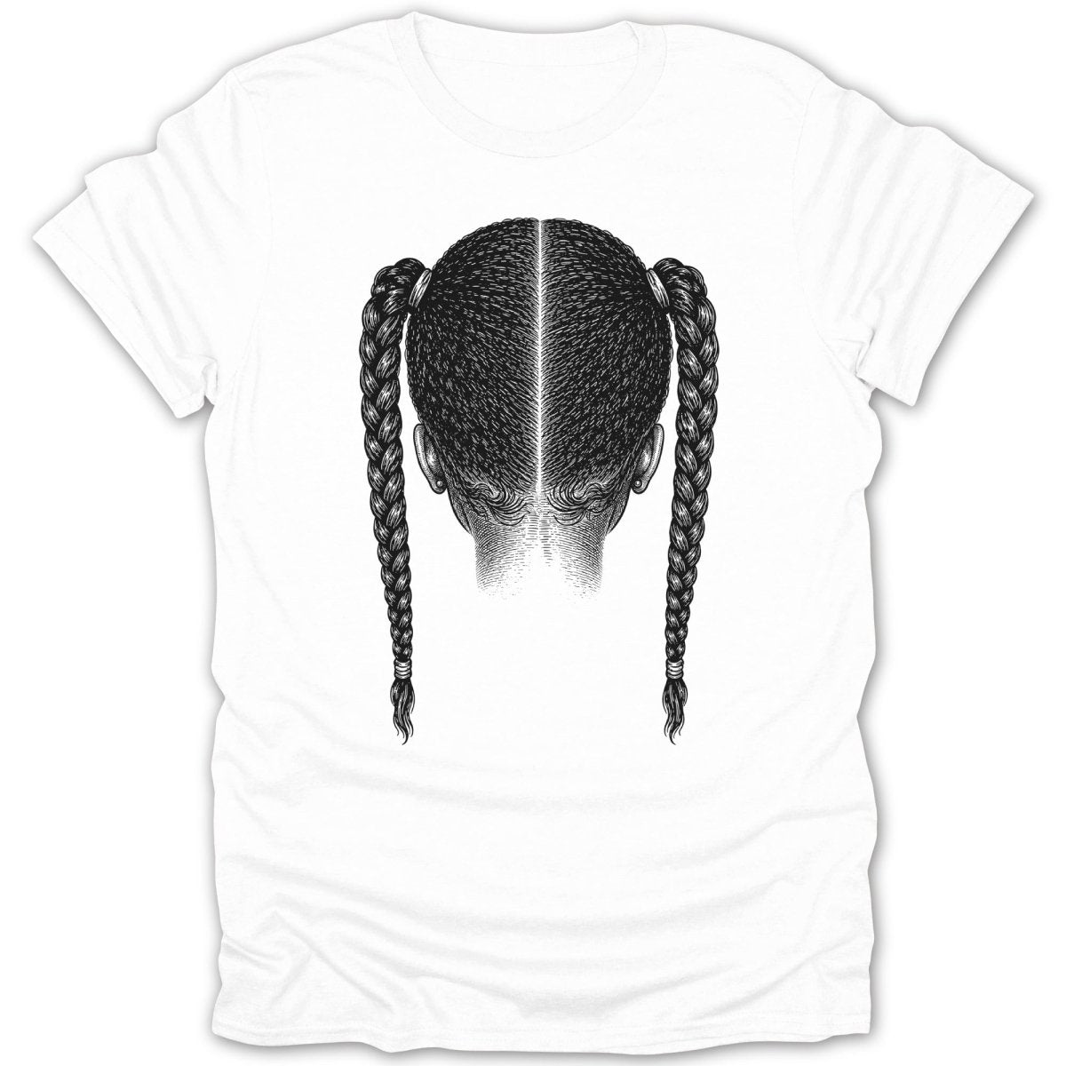 White t-shirt with a detailed black ink drawing of hair in two braids.