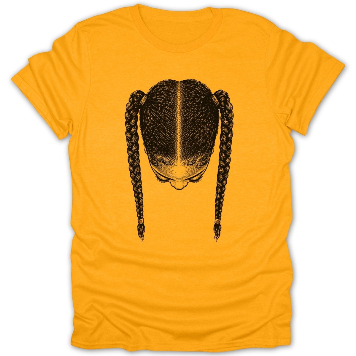 T-shirt with black and white illustration of braided hair.