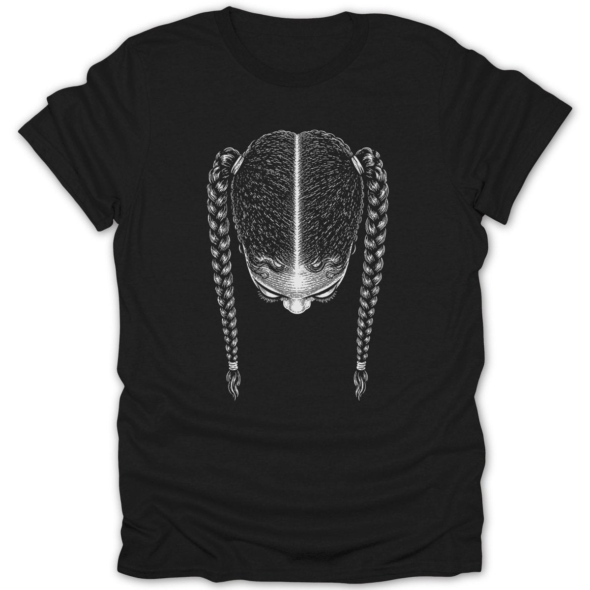 Black t-shirt with a detailed sketch of a person's head with braided hair.