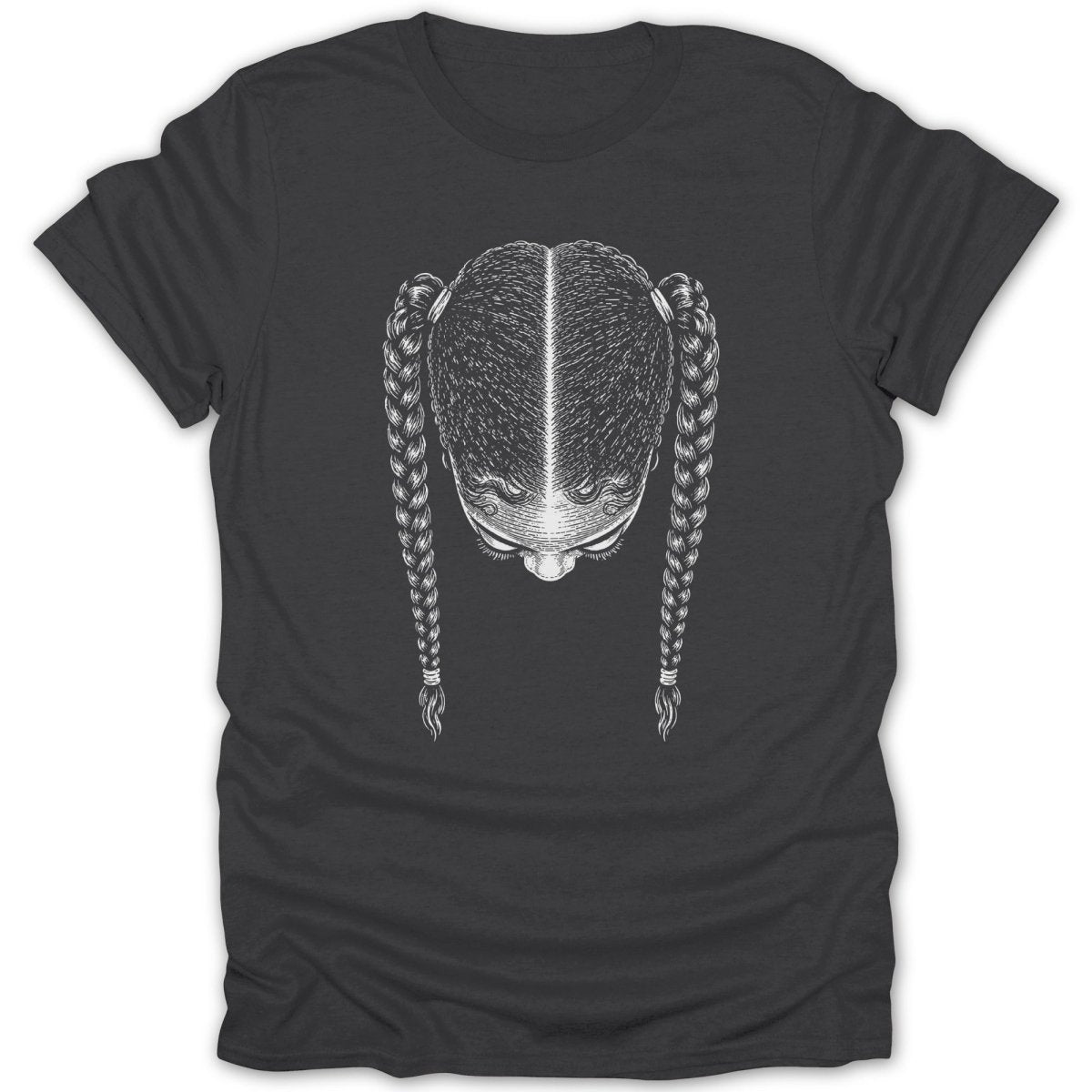 T-shirt with a detailed line drawing of a person's head with braided hair.