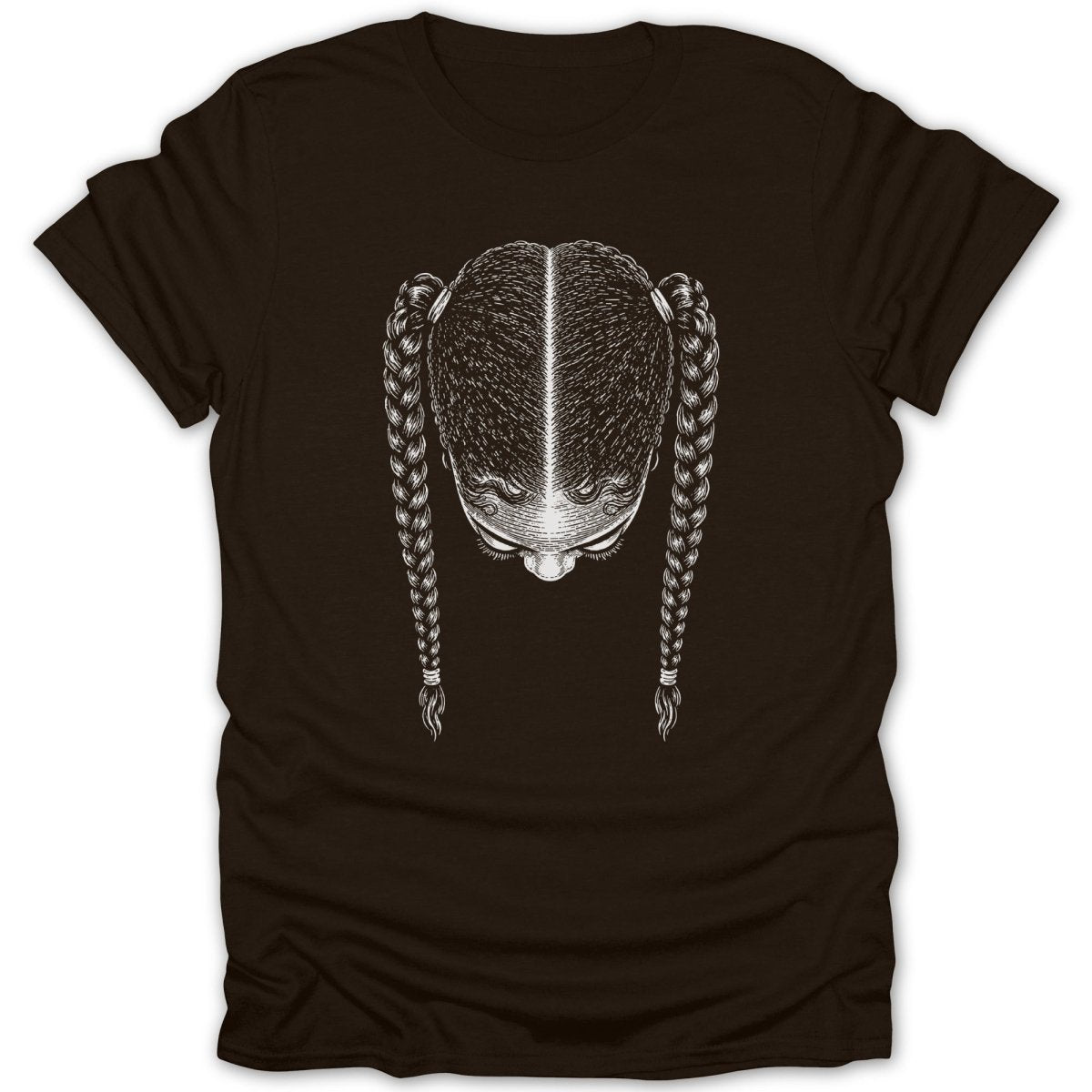 T-shirt featuring a line drawing of a person's head with braided hair.