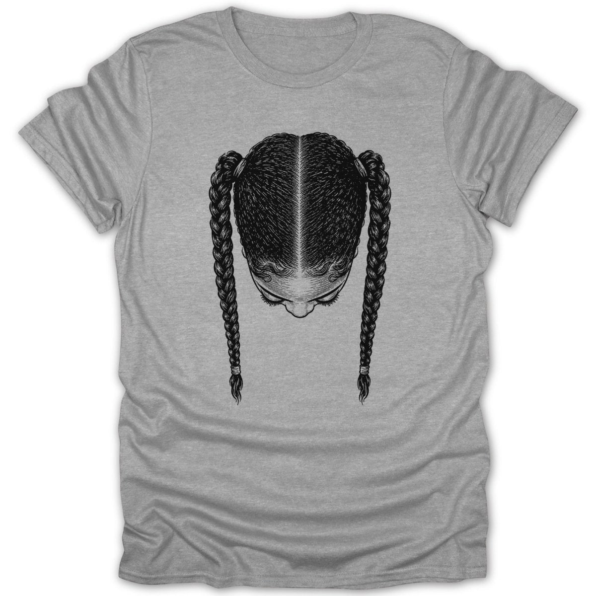 Gray t-shirt with a black and white illustration of a person's head with braided hair.