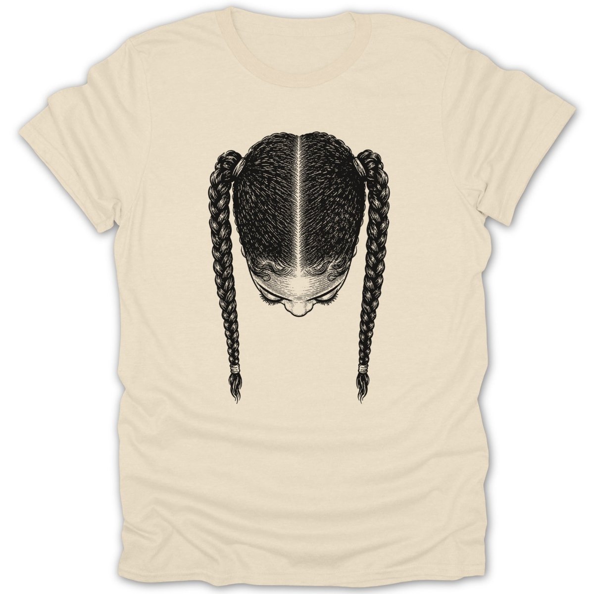 Illustration of a person's head from above, with two braids.