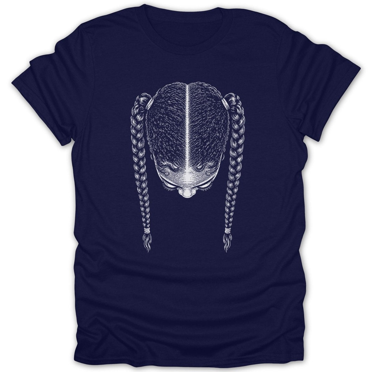 Dark blue t-shirt with a detailed white illustration of a person's head with braided pigtails.