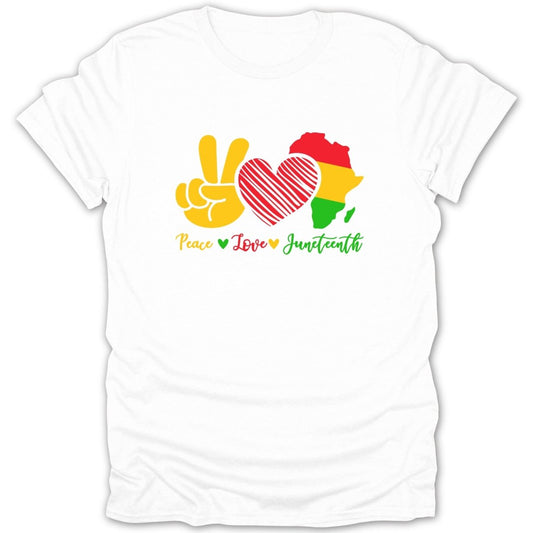 White t-shirt with "Peace Love Juneteenth" text and Africa map graphic.