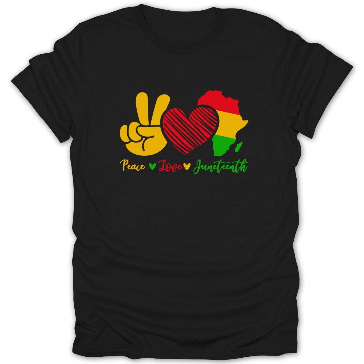 Black t-shirt with "Peace Love Juneteenth" and a peace sign, heart, and Africa map.