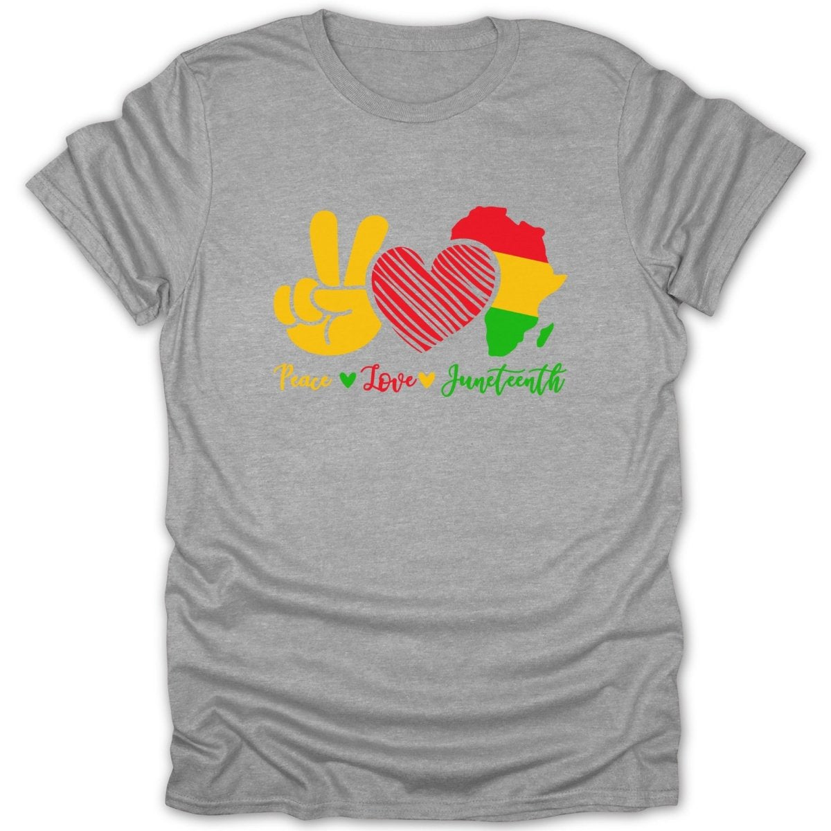 Gray t-shirt with "Peace Love Juneteenth" text and an Africa map graphic.